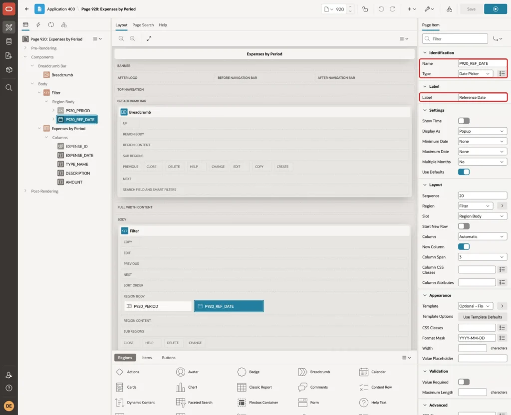 Page item P920_REF_DATE with Name, Type Date Picker and Label Reference Date marked with red boxes
