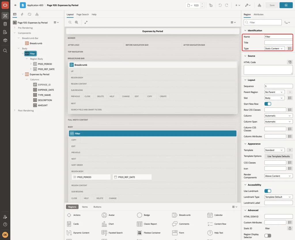 Region Filter with Name and Type Static Content marked with a red box