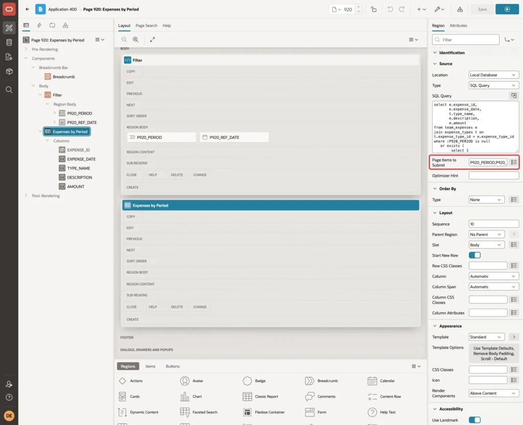 Region source with Page Items to Submit P920_PERIOD,P920_REF_DATE marked with a red box