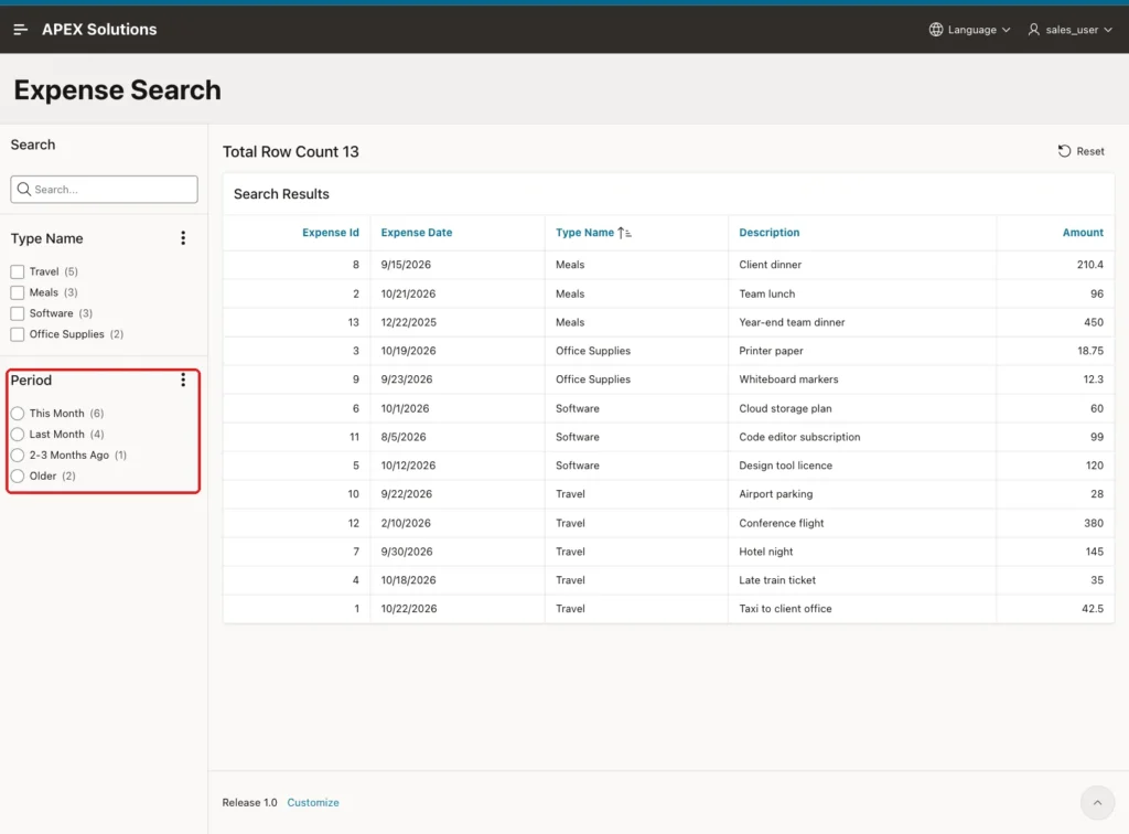 Expense Search page with Total Row Count 13 and the Period facet with This Month 6, Last Month 4, 2-3 Months Ago 1 and Older 2 marked with a red box