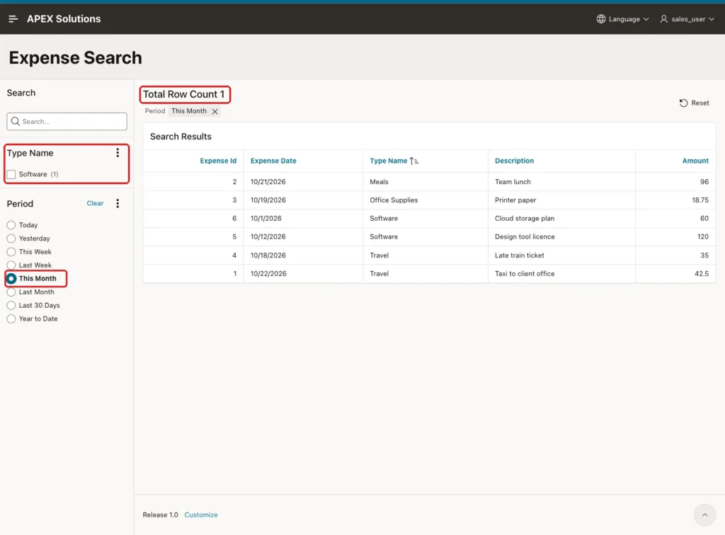 Faceted search with This Month selected, Total Row Count 1 and a Type Name facet with only Software (1) marked with red boxes while six rows are shown