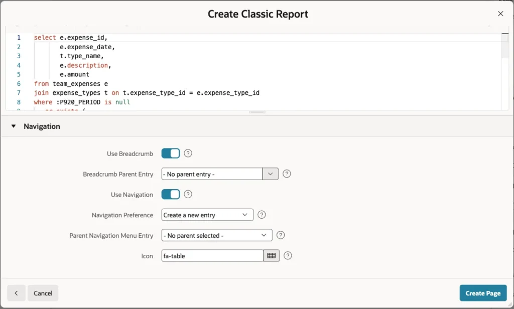 Navigation section with Use Breadcrumb and Use Navigation switched on and the Create Page button