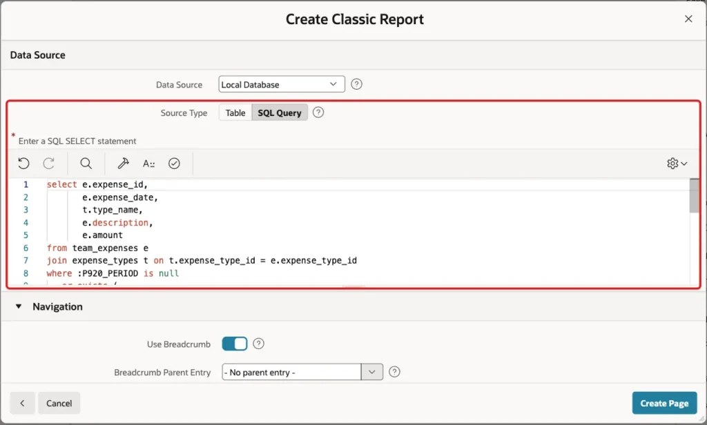 Data Source section with Source Type SQL Query and the report query in the editor marked with a red box