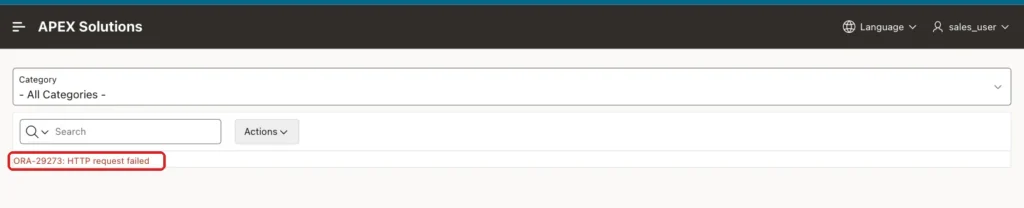Catalog Items report showing ORA-29273: HTTP request failed, marked with a red box