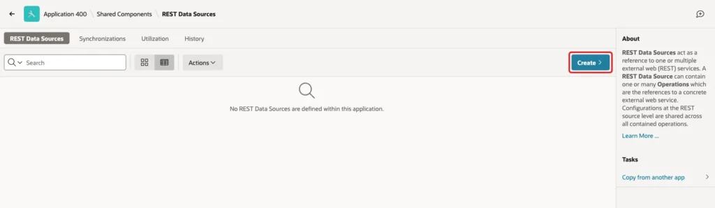 REST Data Sources page with the Create button marked with a red box