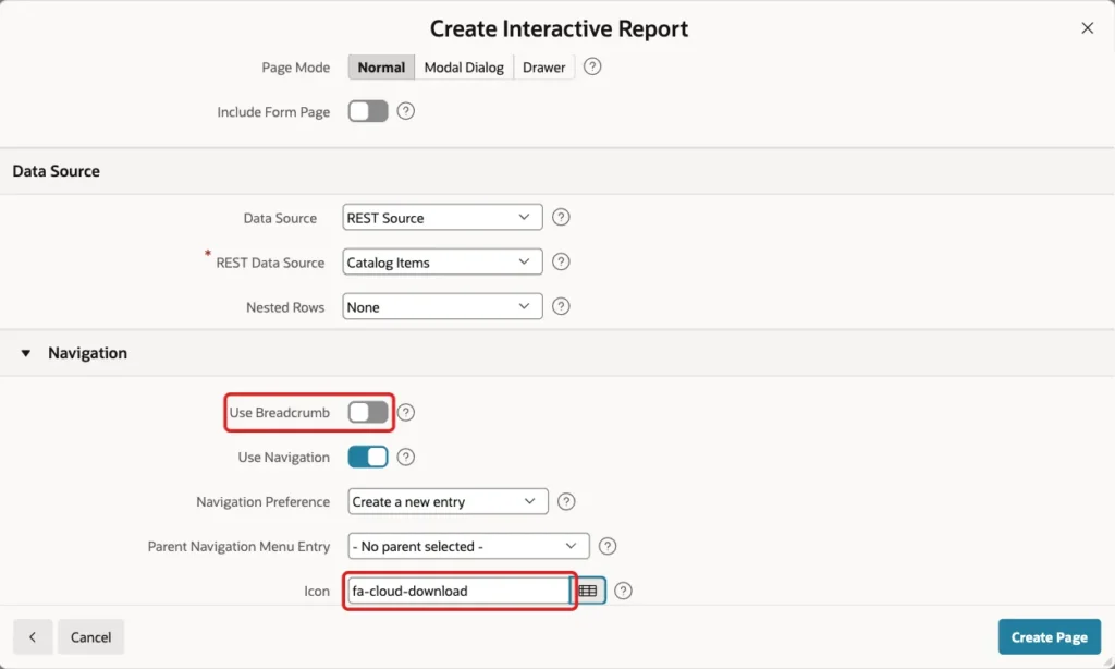 Navigation section with Use Breadcrumb off and Icon fa-cloud-download marked with red boxes