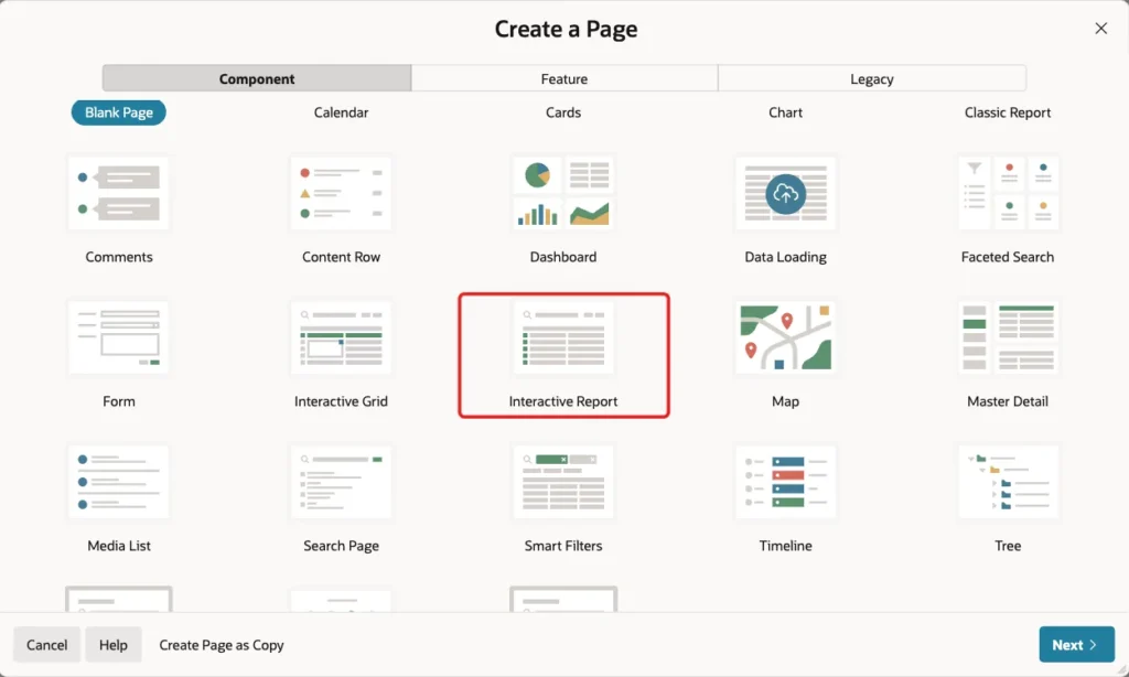 Create a Page wizard with the Interactive Report tile marked with a red box