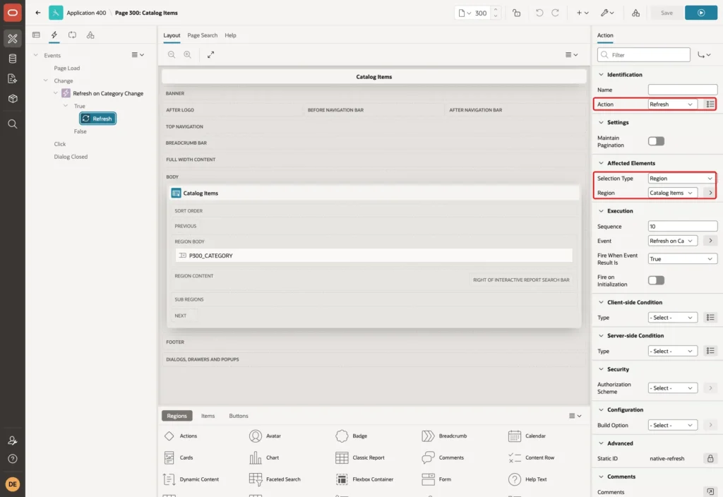True action Refresh with Selection Type Region and Region Catalog Items marked with red boxes