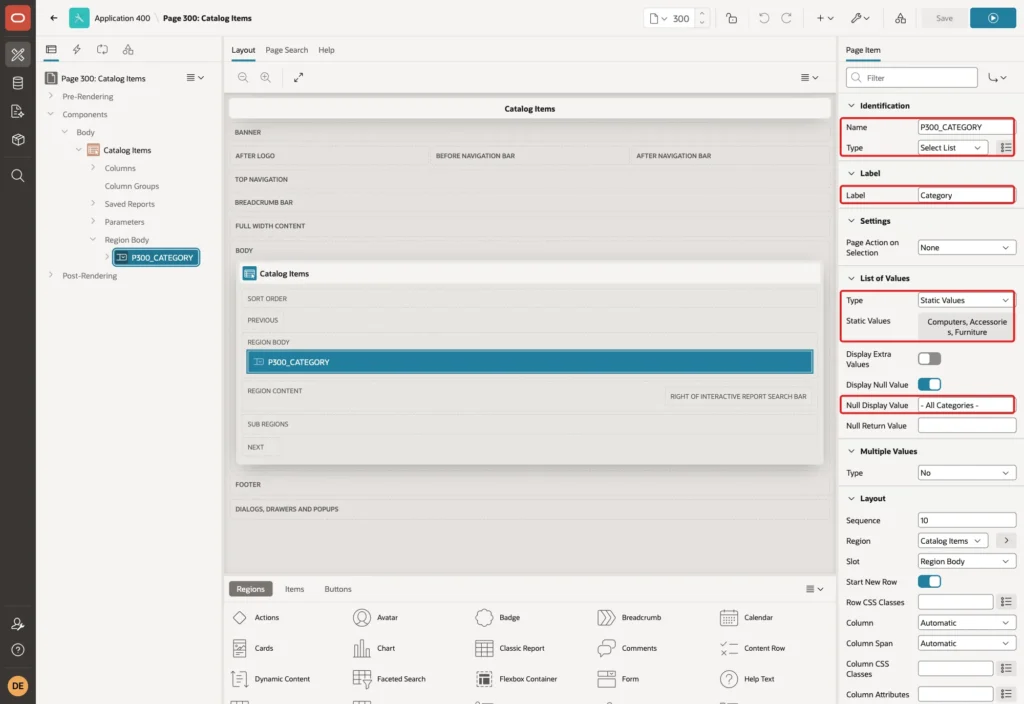 Page Designer for P300_CATEGORY with Name, Type, Label, List of Values Type, Static Values and Null Display Value marked with red boxes