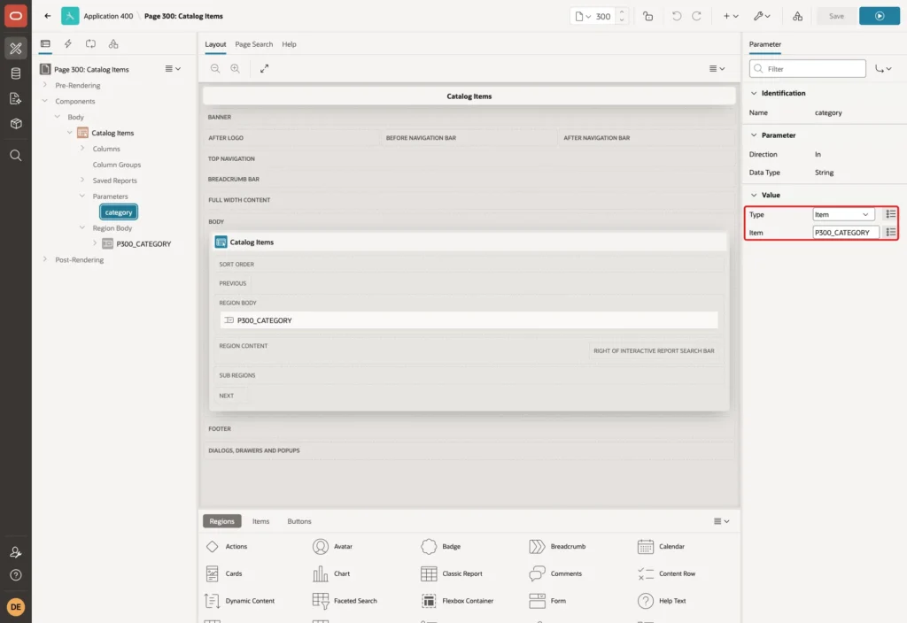 Parameter category with Value Type Item and Item P300_CATEGORY marked with a red box