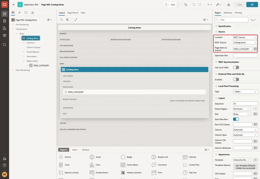 Catalog Items region with Location REST Source, REST Source Catalog Items and Page Items to Submit P300_CATEGORY marked with a red box