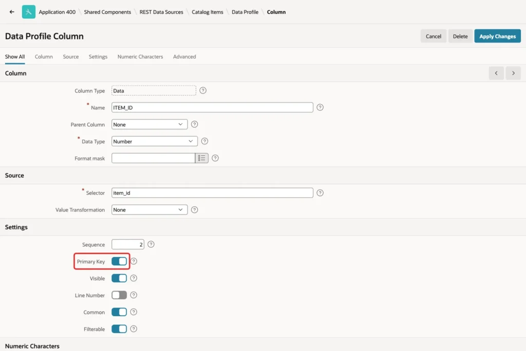 Data Profile Column ITEM_ID with the Primary Key switch turned on and marked with a red box