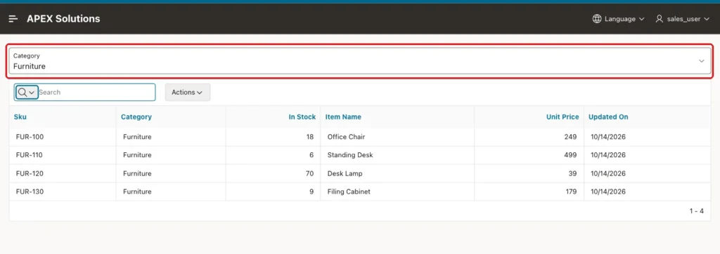 Catalog Items report filtered to Furniture with the Category select list marked with a red box