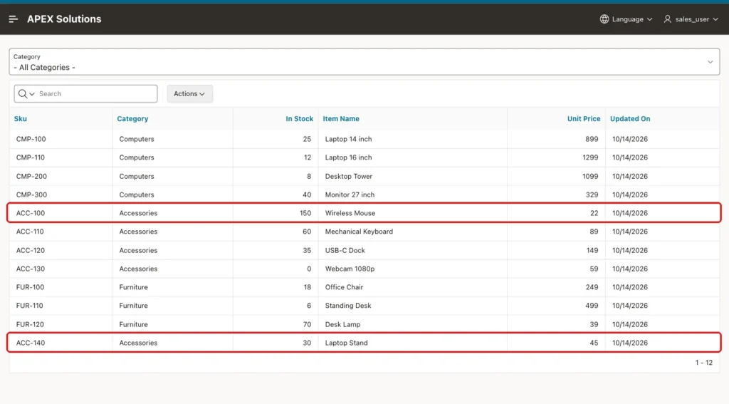 Catalog Items report with the changed ACC-100 row and the new ACC-140 row marked with red boxes
