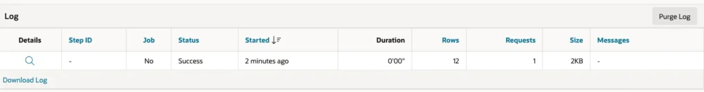 Synchronization log with status Success, 12 rows, 1 request and 2KB