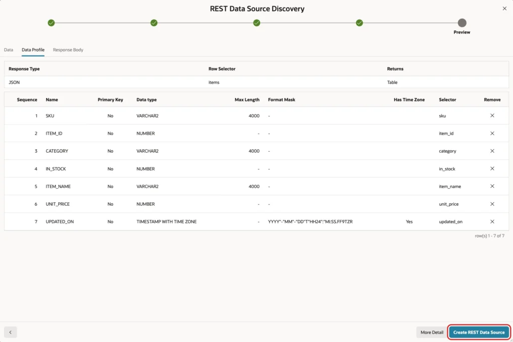 Data Profile tab with row selector items, seven columns, and the Create REST Data Source button marked with a red box