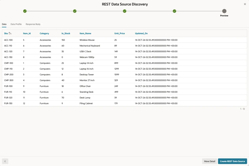 REST Data Source Discovery Data tab showing the 12 catalog items