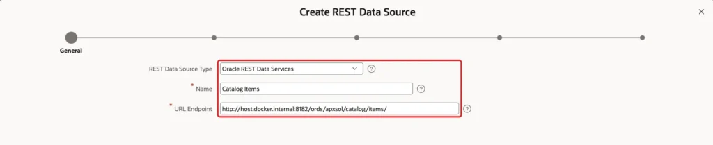 General screen with REST Data Source Type Oracle REST Data Services, Name Catalog Items and URL Endpoint marked with red boxes