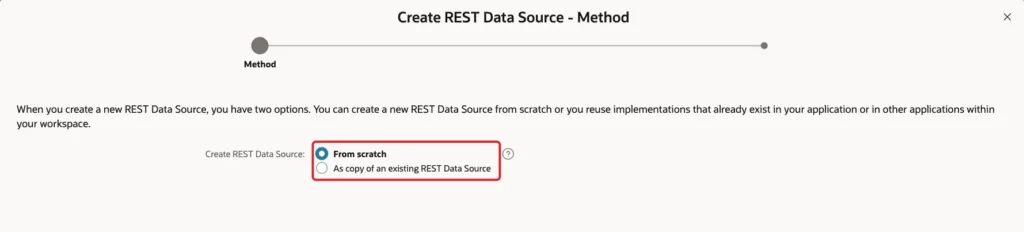 Create REST Data Source Method screen with From scratch selected and marked with a red box