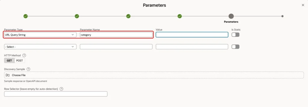 Parameters screen with Parameter Type URL Query String and Parameter Name category marked with a red box