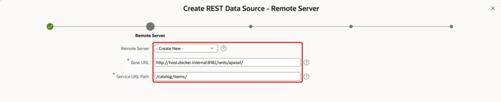 Remote Server screen with Remote Server Create New, Base URL and Service URL Path marked with a red box