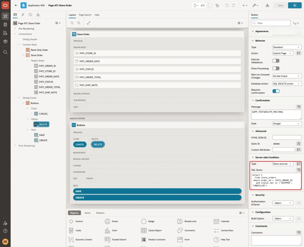 DELETE button with the same Server-side Condition marked with a red box
