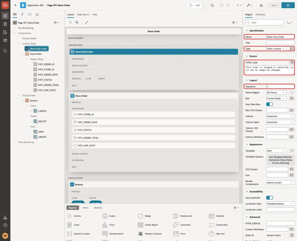Region Read-Only Order with Name, Type, HTML Code and Sequence marked with red boxes