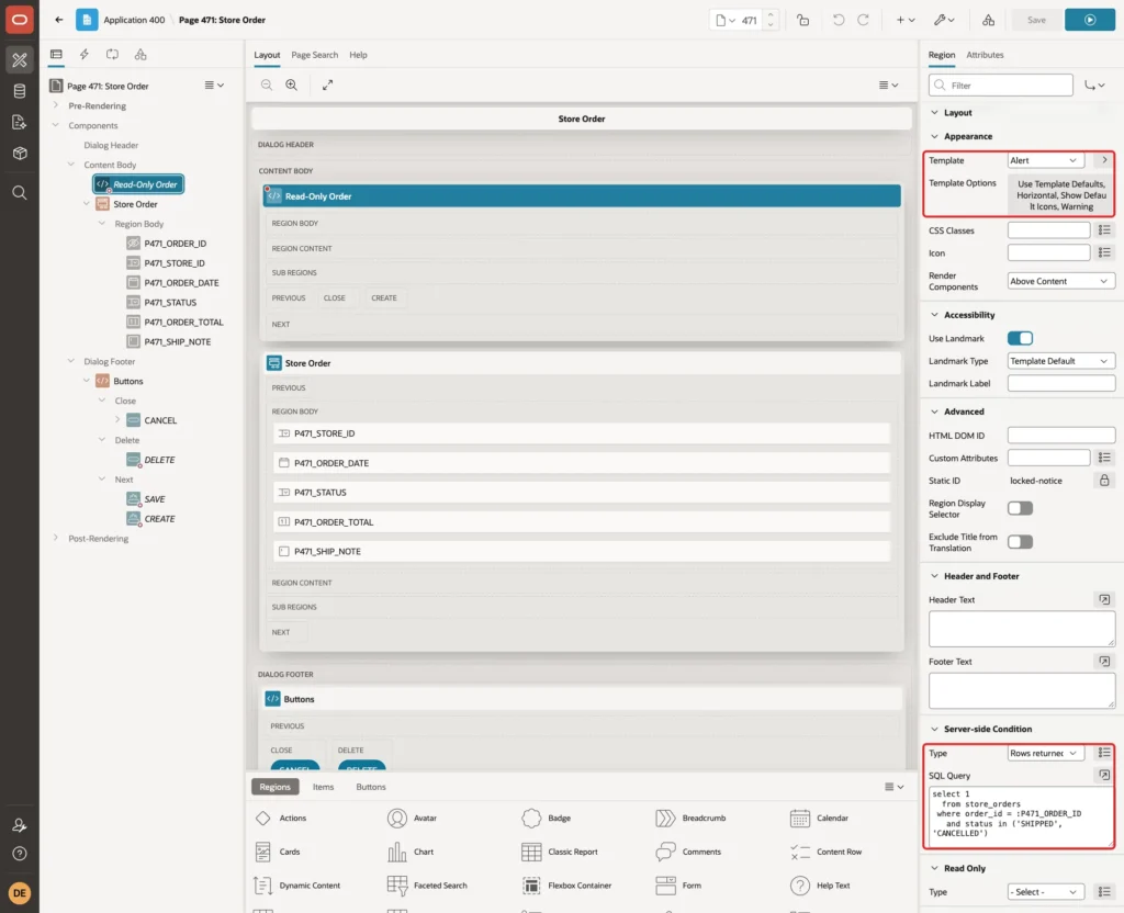 Region appearance with the Alert template and Warning options, and the Server-side Condition Rows returned marked with red boxes
