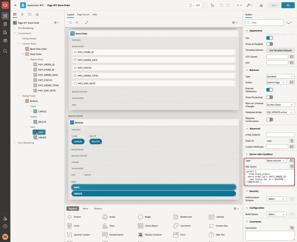 SAVE button with the Server-side Condition Rows returned and the SQL Query marked with a red box