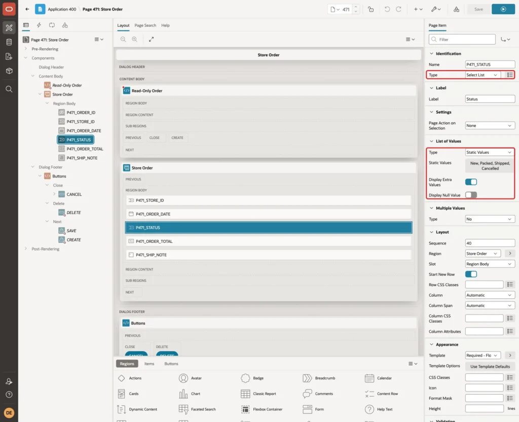Page Designer with P471_STATUS set to Select List with Static Values marked with red boxes
