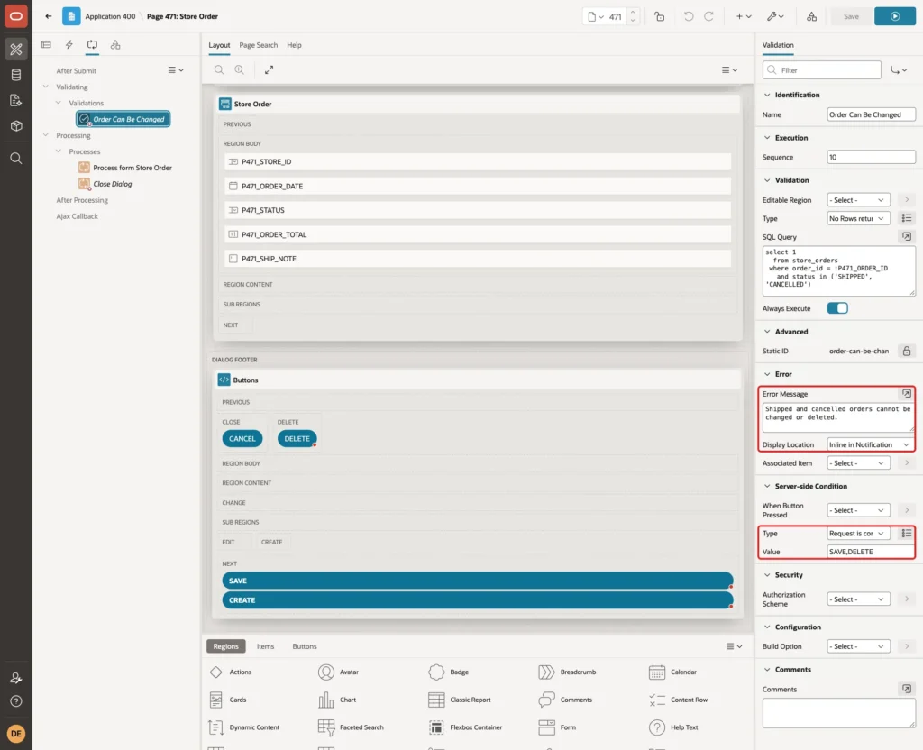 Validation error message, display location and the Server-side Condition Request is contained in Value SAVE,DELETE marked with red boxes