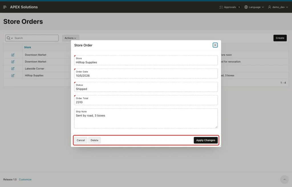 Store Order dialog with read-only fields and the Cancel, Delete and Apply Changes buttons marked with a red box