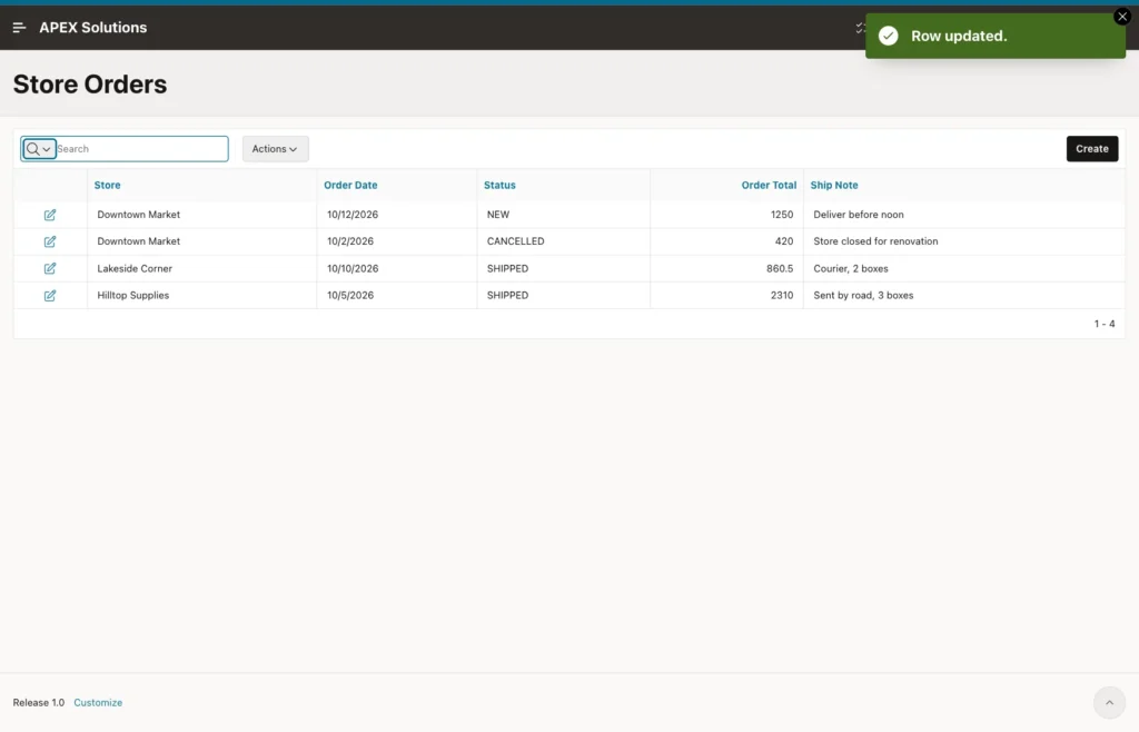 Store Orders report with the Row updated message and the Lakeside Corner order now SHIPPED