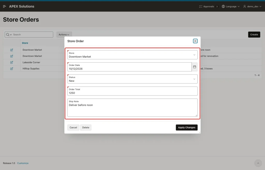 Store Order dialog for a NEW order with editable fields marked with a red box and the Delete and Apply Changes buttons