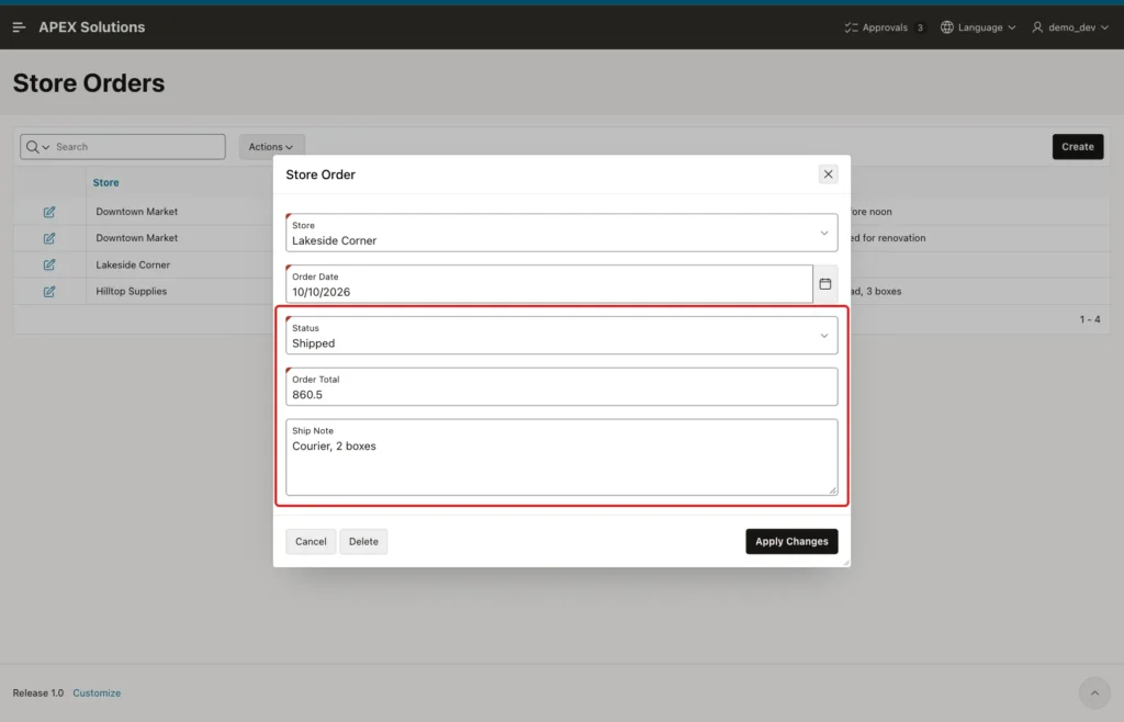 Store Order dialog for the packed order with Status Shipped and Ship Note Courier, 2 boxes marked with a red box