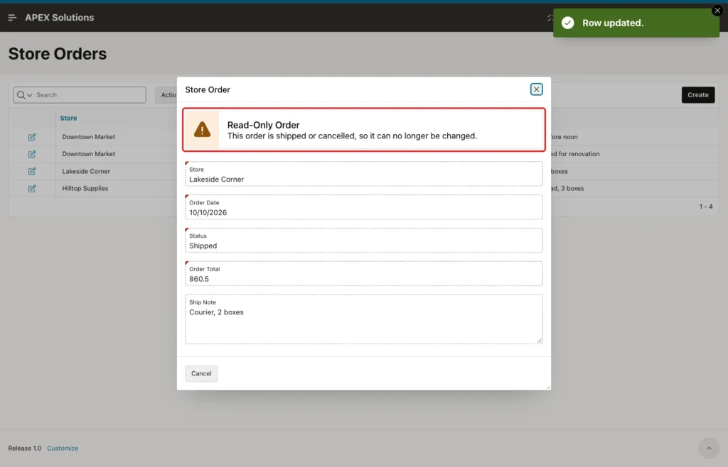 Store Order dialog for the Lakeside Corner order with the Read-Only Order notice marked with a red box
