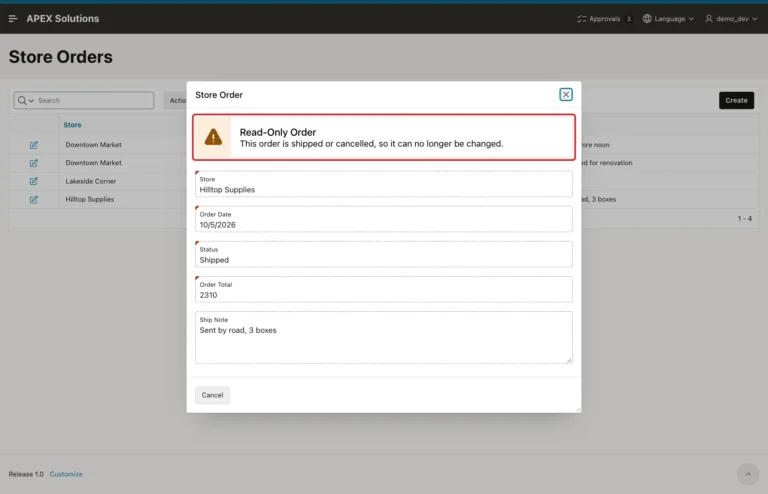Store Order dialog for a shipped order with the Read-Only Order notice marked with a red box and only the Cancel button