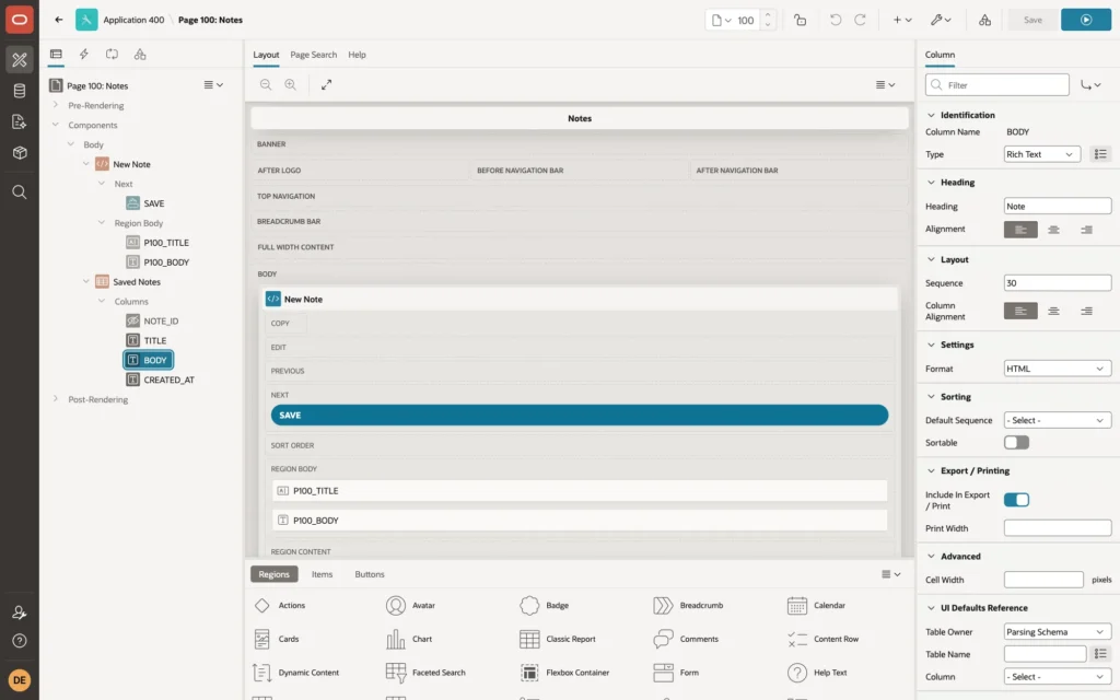 Page Designer showing the BODY report column with Type Rich Text and Format HTML