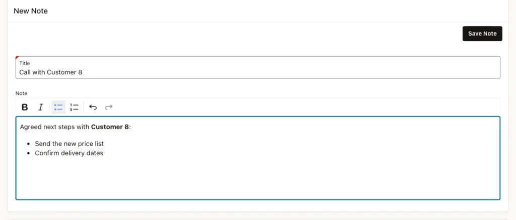 Oracle APEX New Note form with a title and a rich text note with bold Customer 8 and a bulleted list