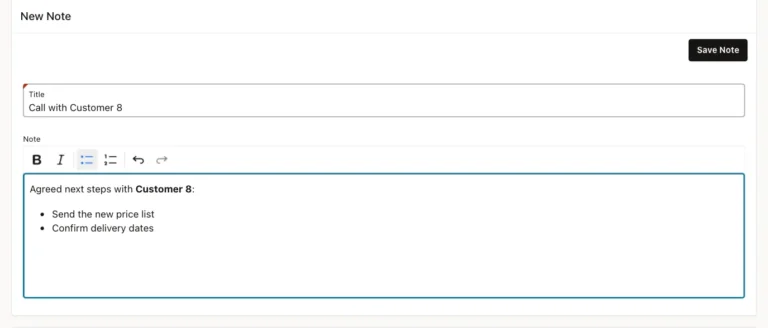 Oracle APEX New Note form with a title and a rich text note with bold Customer 8 and a bulleted list