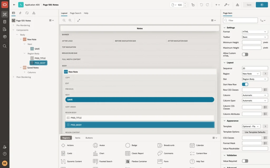 Page Designer showing P100_BODY of type Rich Text Editor with Format HTML, Toolbar Basic and Allow Custom HTML off