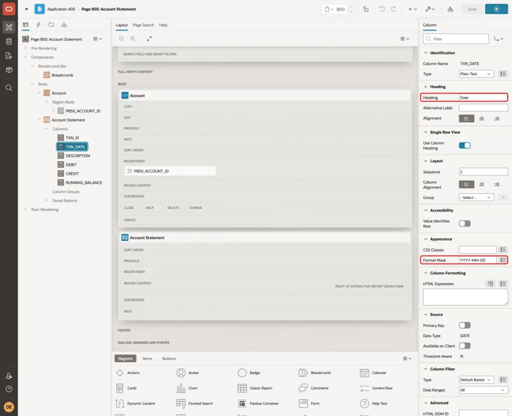 TXN_DATE column with Heading Date and Format Mask YYYY-MM-DD marked with red boxes