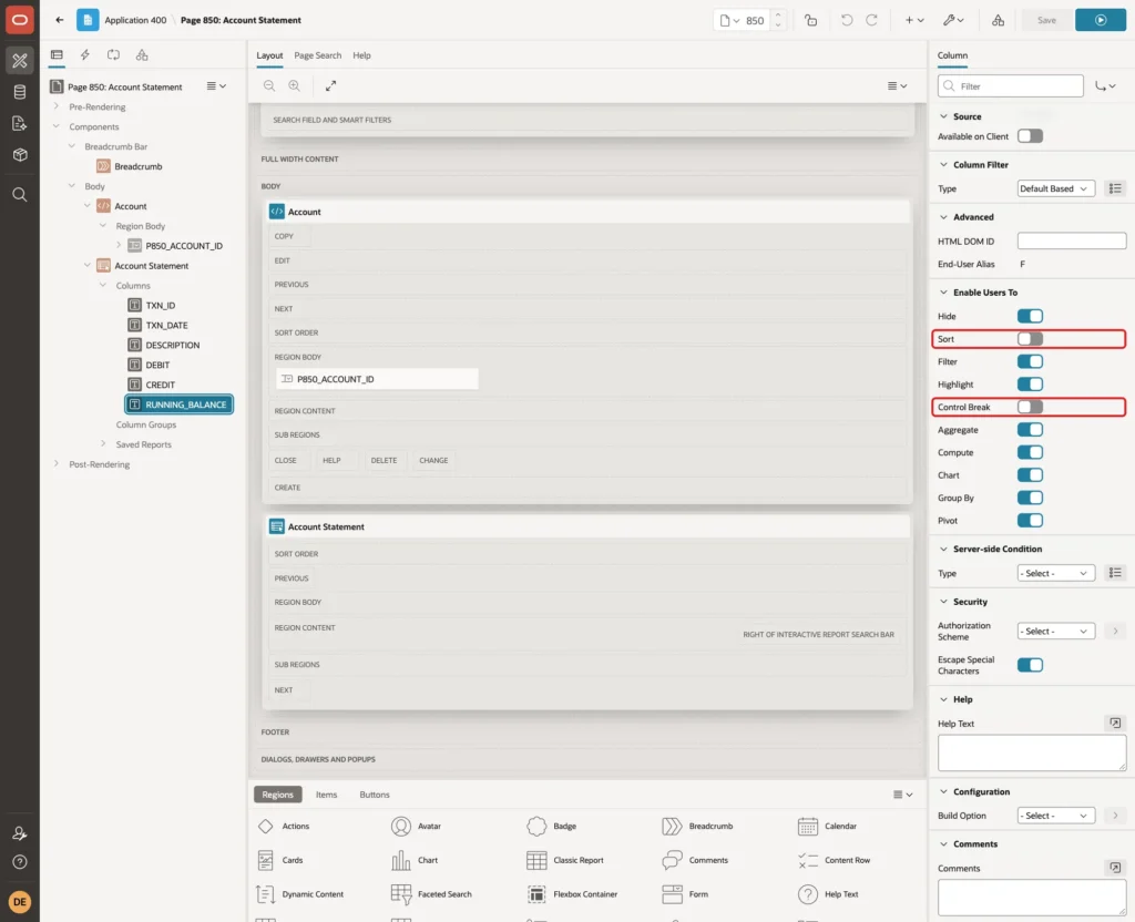 Enable Users To section of a report column with Sort off and Control Break off marked with red boxes