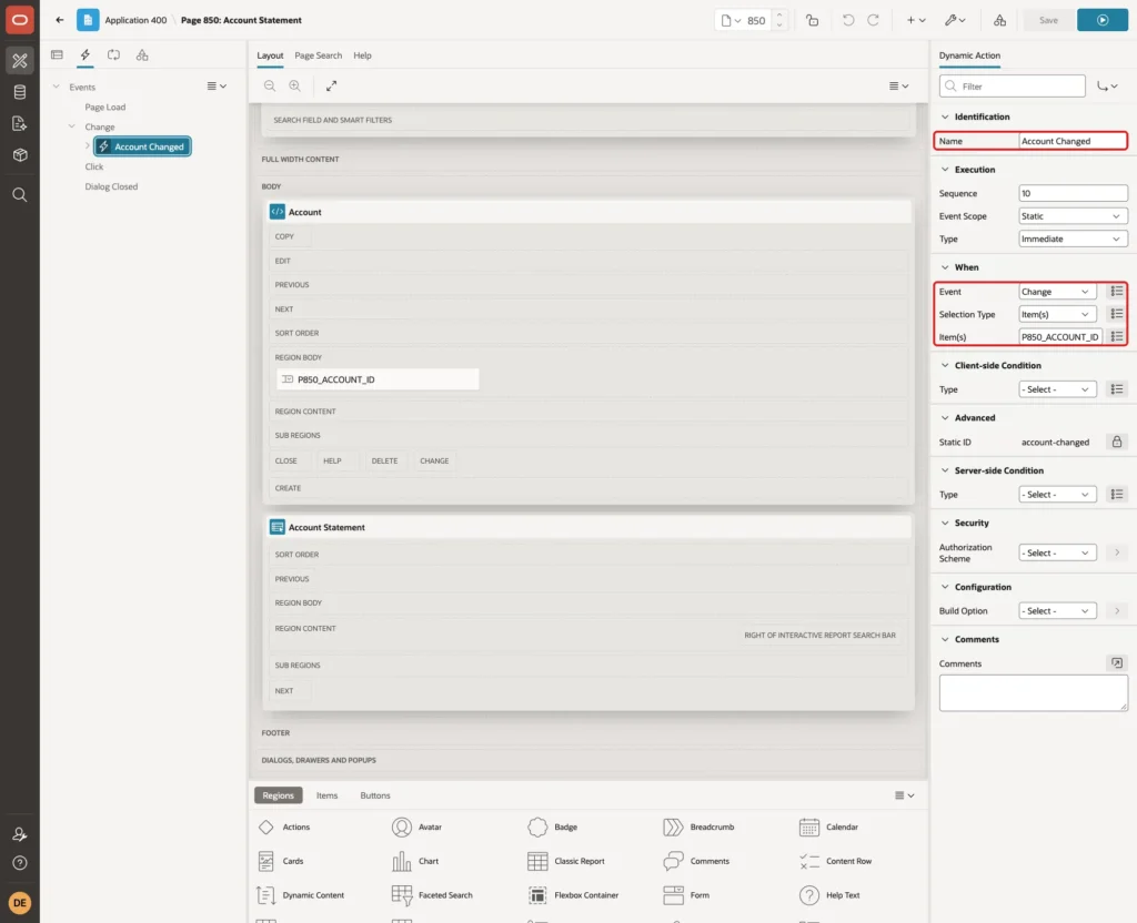 Dynamic action Account Changed with Event Change, Selection Type Item(s) and Item(s) P850_ACCOUNT_ID marked with red boxes