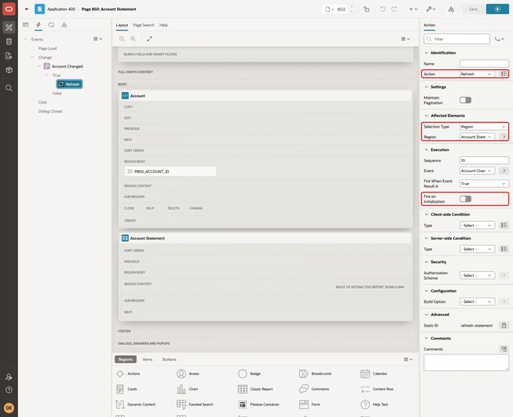 True action with Action Refresh, Selection Type Region, Region Account Statement and Fire on Initialization off marked with red boxes