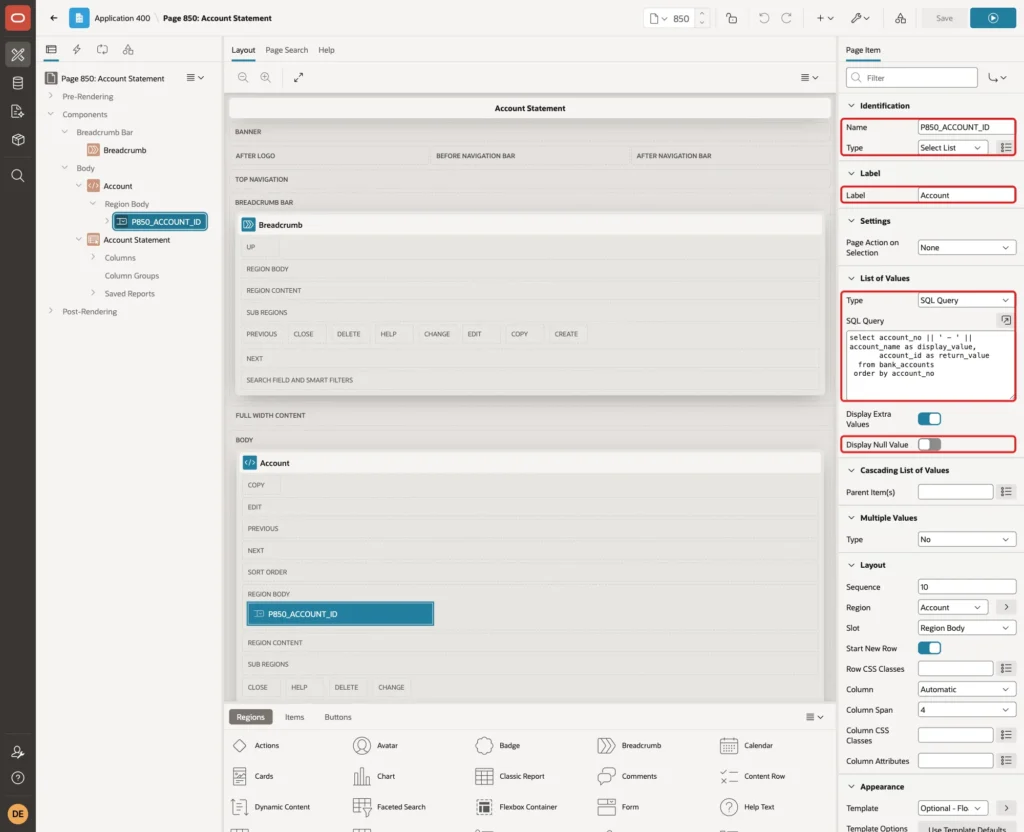 P850_ACCOUNT_ID with Name, Type Select List, Label Account, List of Values SQL Query and Display Null Value off marked with red boxes