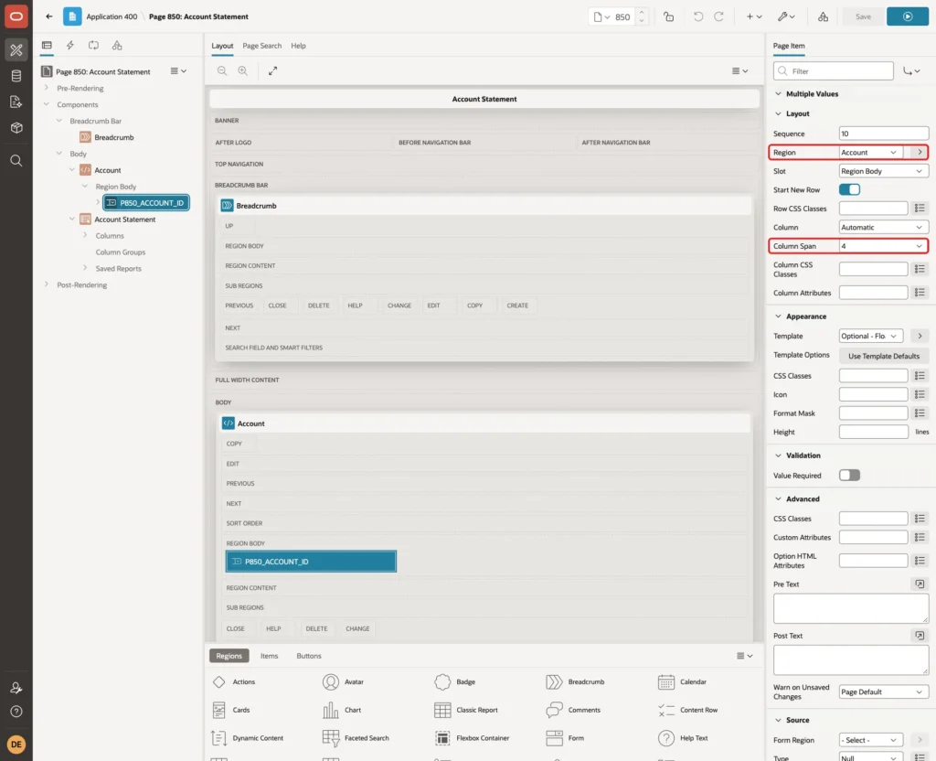 Layout section with Region Account and Column Span 4 marked with red boxes