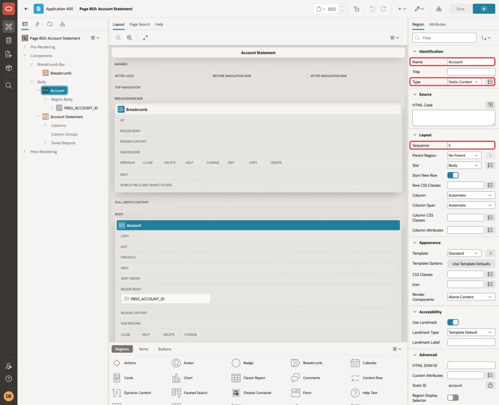 New region with Name Account, Type Static Content and Sequence 5 marked with red boxes