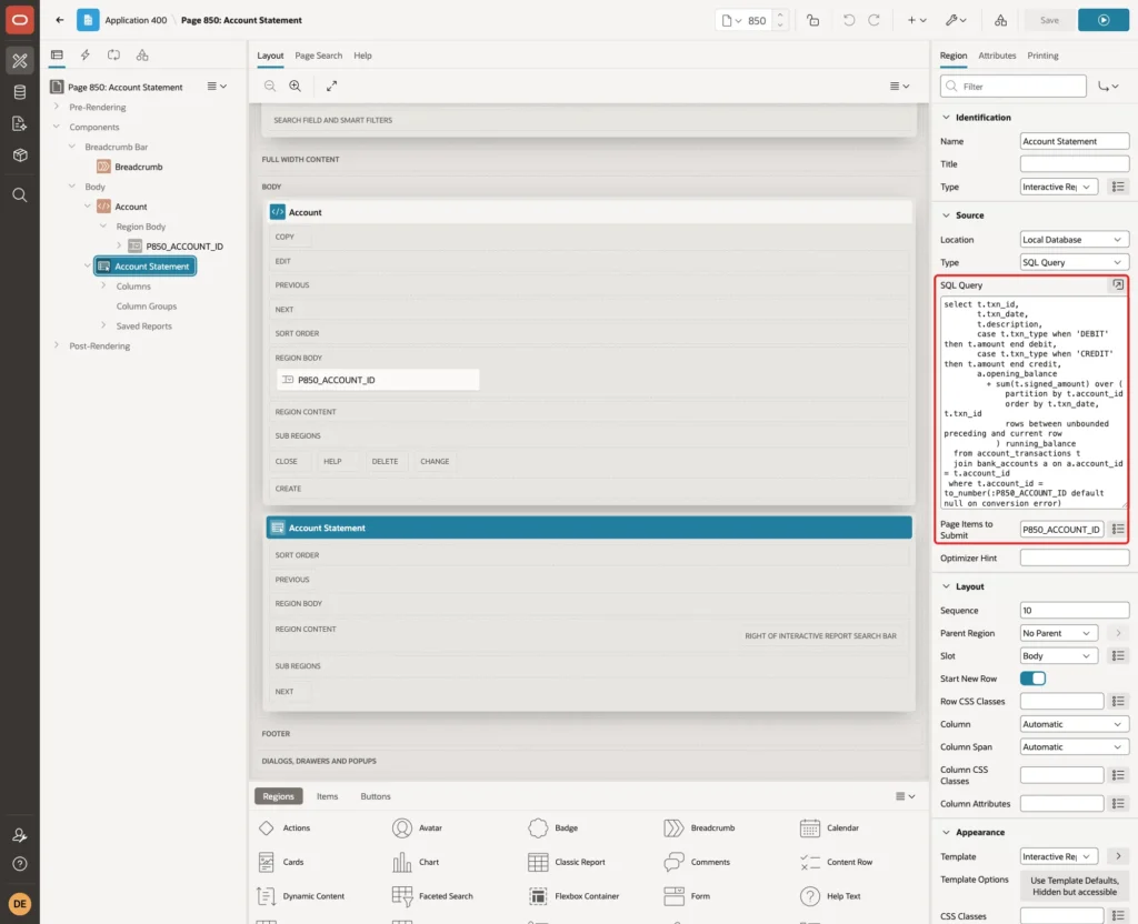 Account Statement region with the final SQL Query and Page Items to Submit P850_ACCOUNT_ID marked with a red box