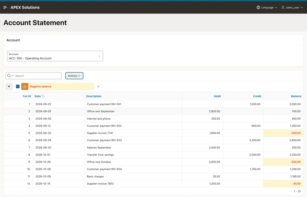 Account Statement page with the running balance of ACC-100 and three negative balances highlighted in red